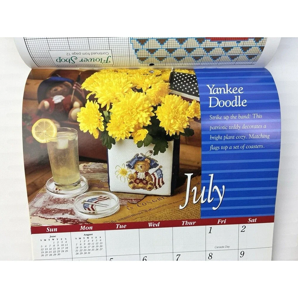 Calendar Cross Stitch 12 Patterns 1994 Rose Cat Daffodil Ballerina Car USA Bear